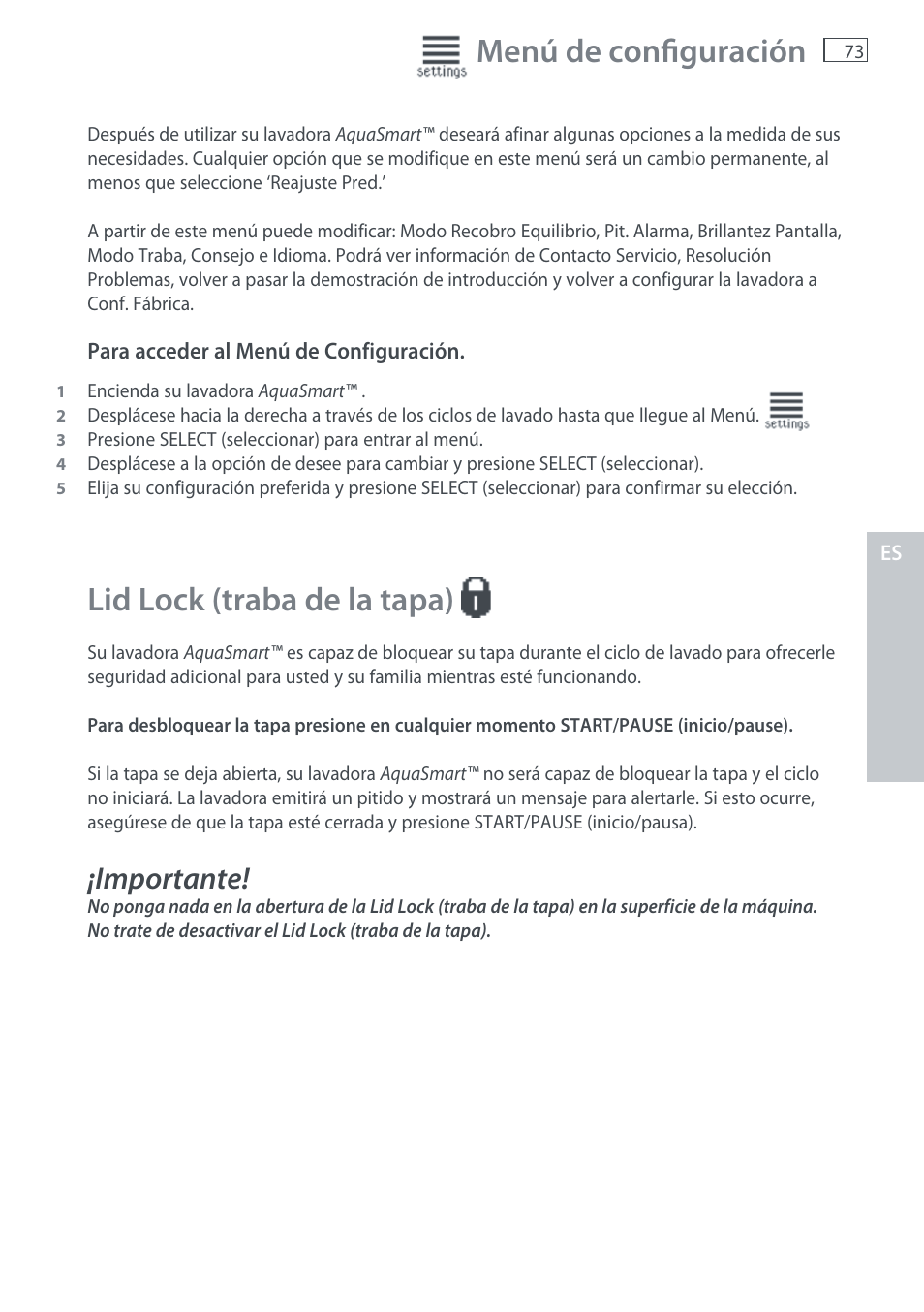 Menú de confi guración, Lid lock (traba de la tapa), Importante | Fisher & Paykel AquaSmart WL37T26C User Manual | Page 75 / 124