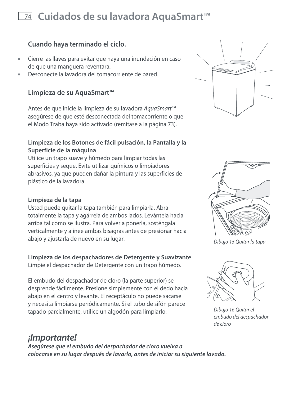 Cuidados de su lavadora aquasmart, Importante | Fisher & Paykel AquaSmart WL37T26C User Manual | Page 76 / 124