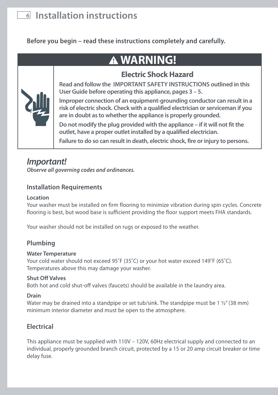 Warning, Installation instructions, Important | Electric shock hazard | Fisher & Paykel AquaSmart WL37T26C User Manual | Page 8 / 124