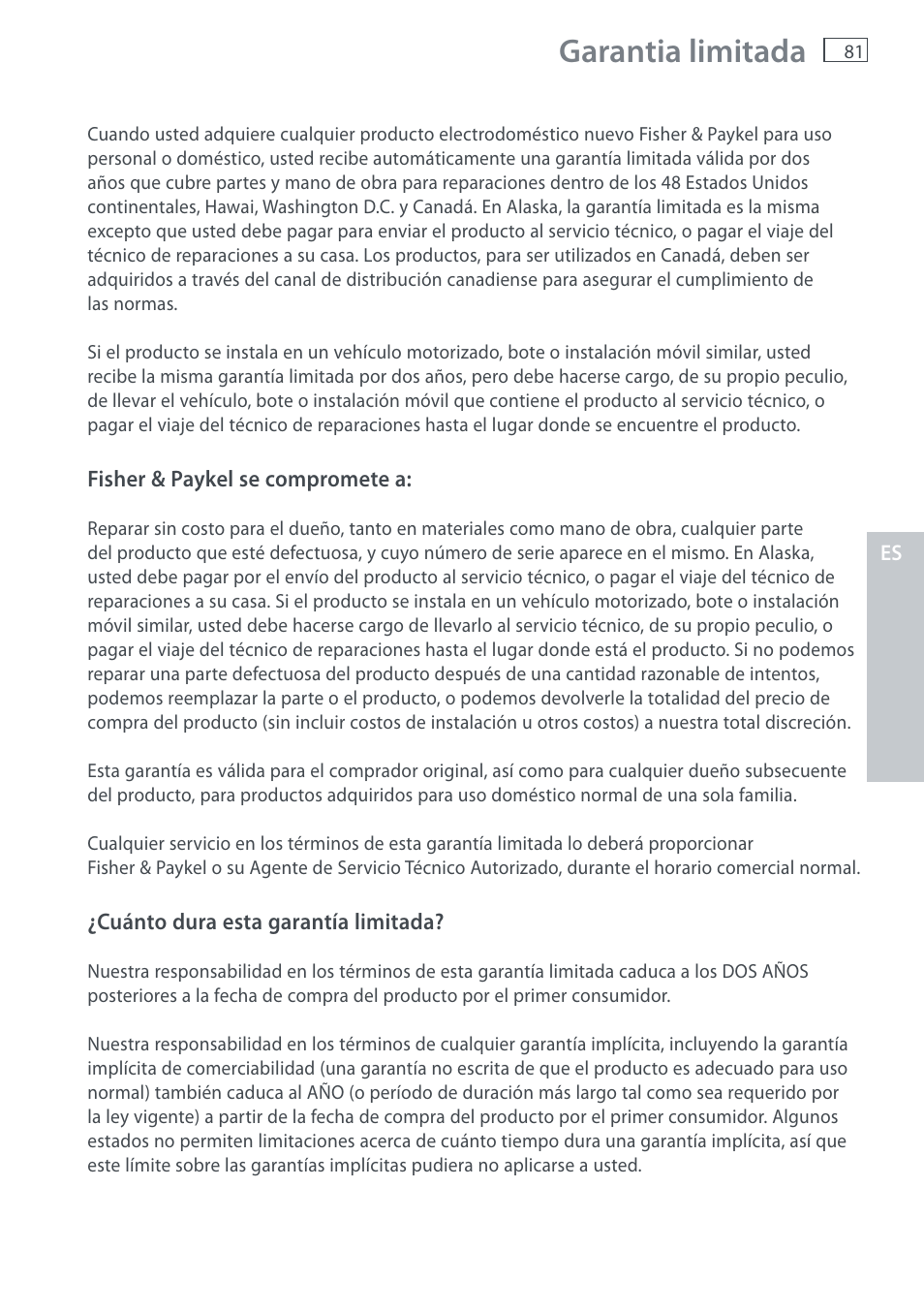 Garantia limitada | Fisher & Paykel AquaSmart WL37T26C User Manual | Page 83 / 124