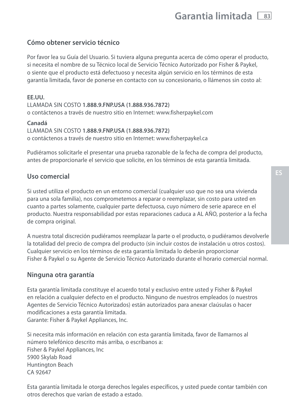 Garantia limitada | Fisher & Paykel AquaSmart WL37T26C User Manual | Page 85 / 124