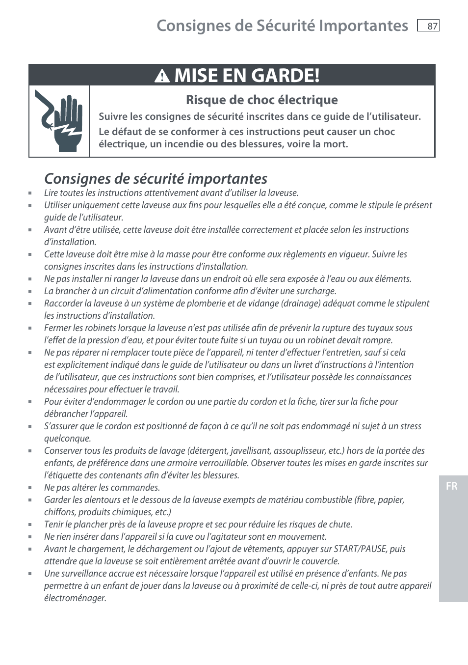 Mise en garde, Consignes de sécurité importantes, Risque de choc électrique | Fisher & Paykel AquaSmart WL37T26C User Manual | Page 89 / 124