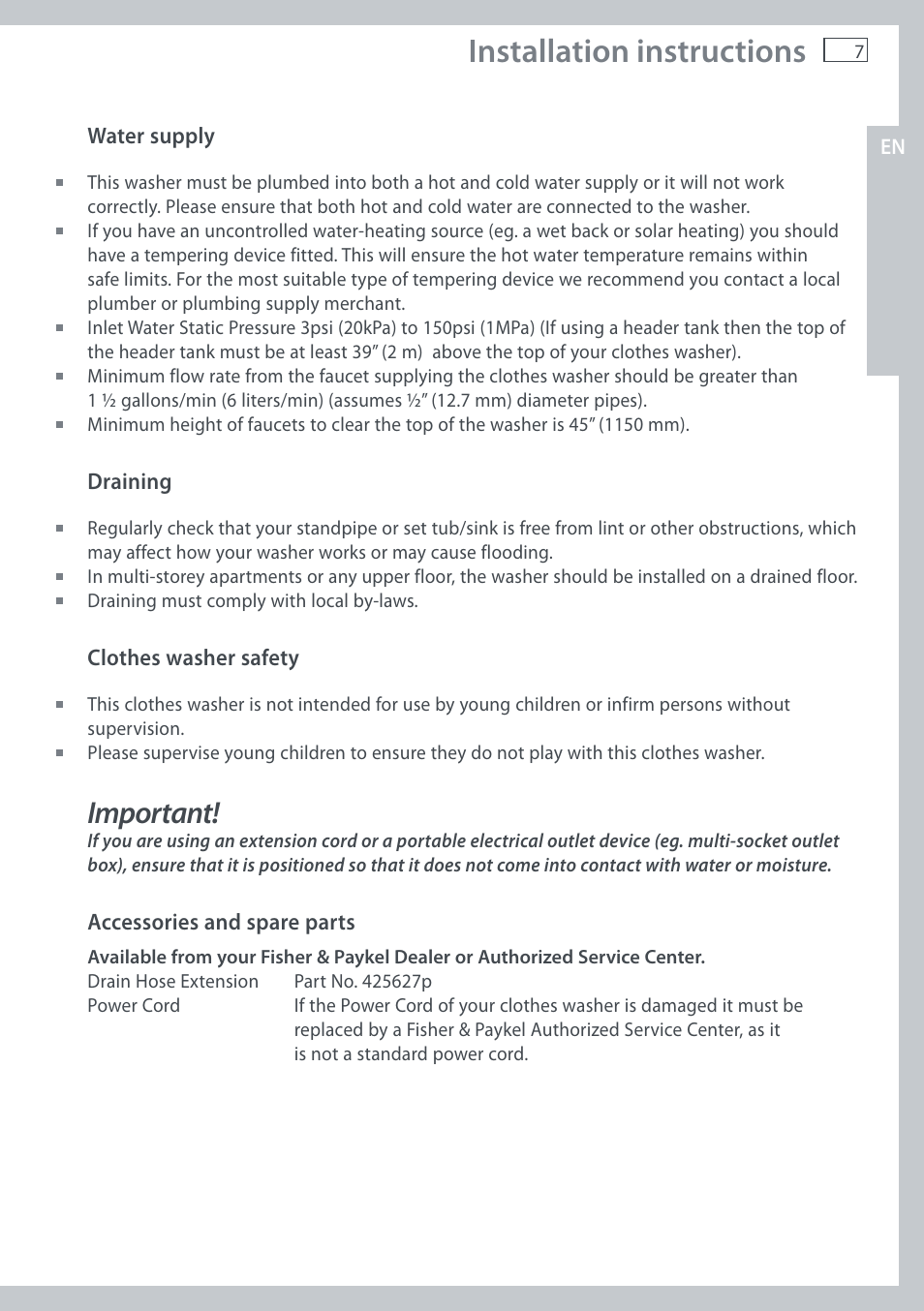 Installation instructions, Important | Fisher & Paykel AquaSmart WL37T26C User Manual | Page 9 / 124