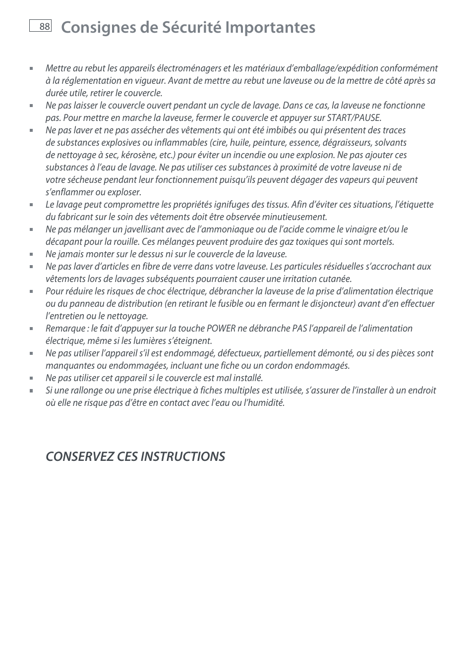 Consignes de sécurité importantes, Conservez ces instructions | Fisher & Paykel AquaSmart WL37T26C User Manual | Page 90 / 124