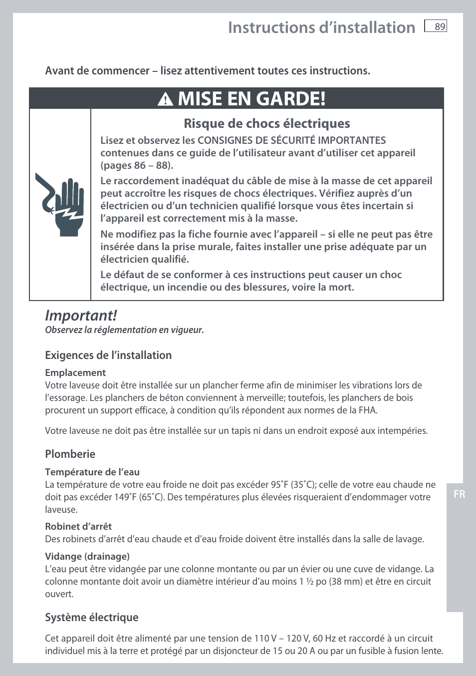 Mise en garde, Instructions d’installation, Important | Risque de chocs électriques | Fisher & Paykel AquaSmart WL37T26C User Manual | Page 91 / 124