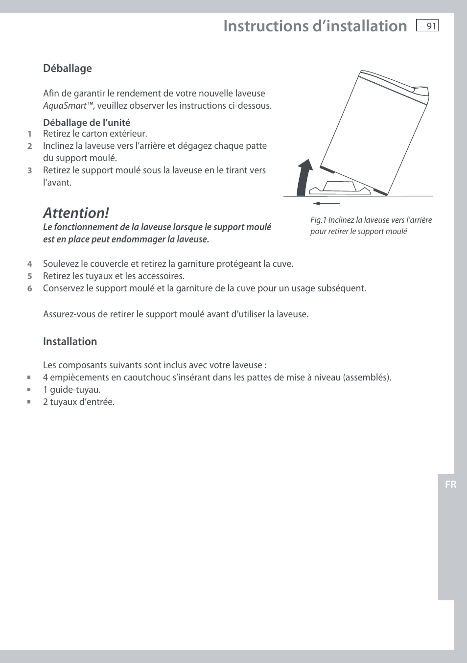 Instructions d’installation, Attention | Fisher & Paykel AquaSmart WL37T26C User Manual | Page 93 / 124