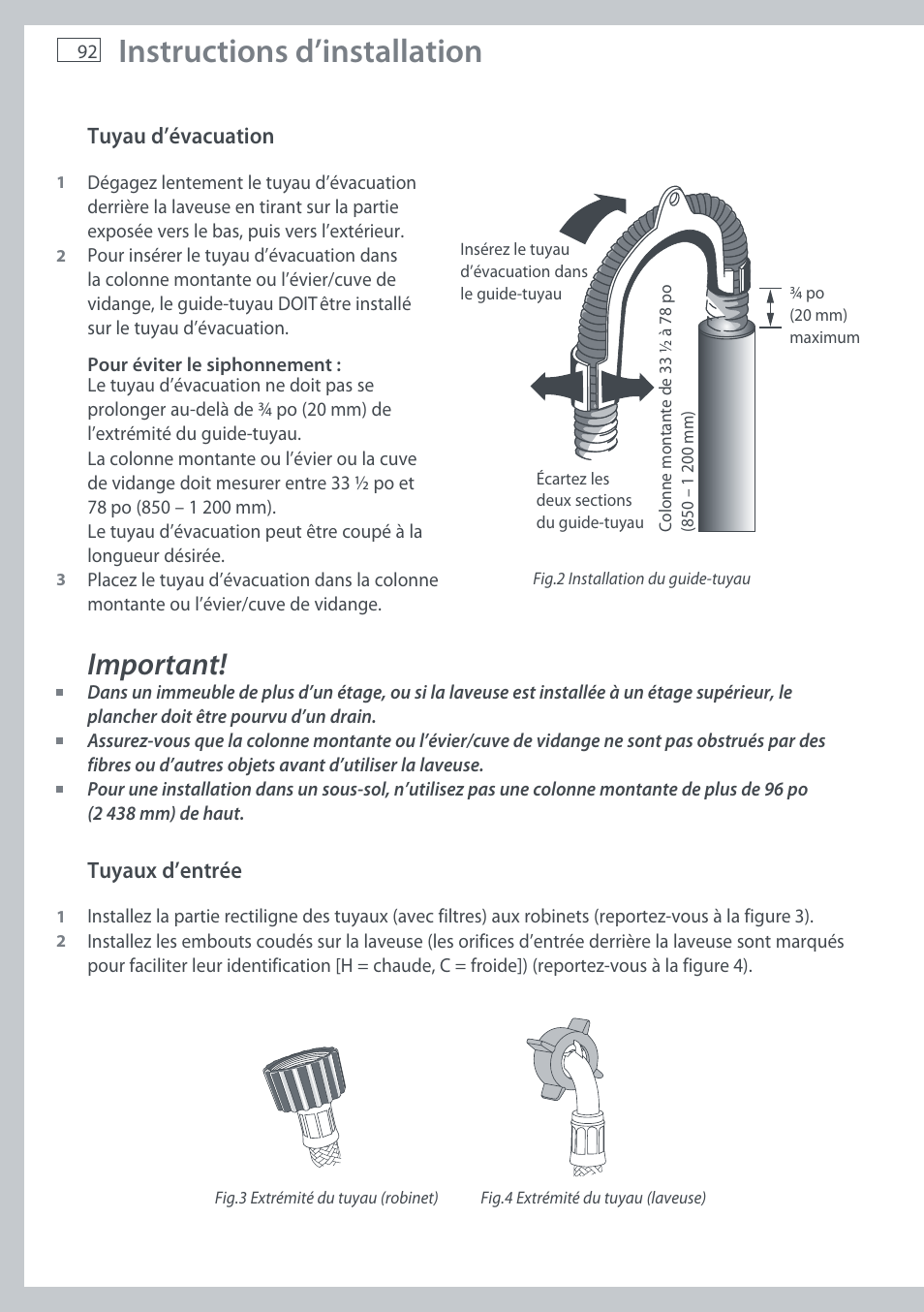 Instructions d’installation, Important | Fisher & Paykel AquaSmart WL37T26C User Manual | Page 94 / 124