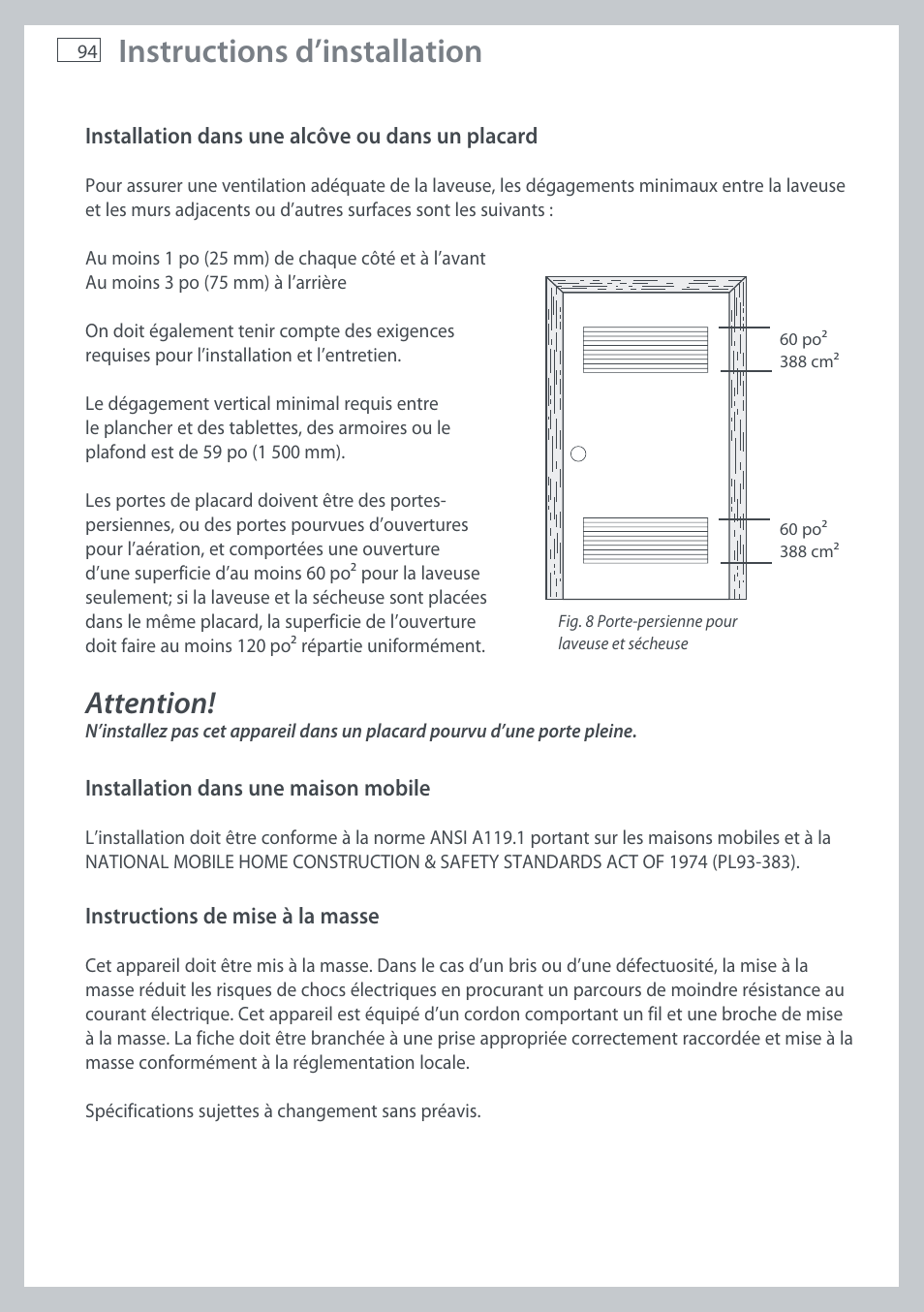 Instructions d’installation, Attention | Fisher & Paykel AquaSmart WL37T26C User Manual | Page 96 / 124
