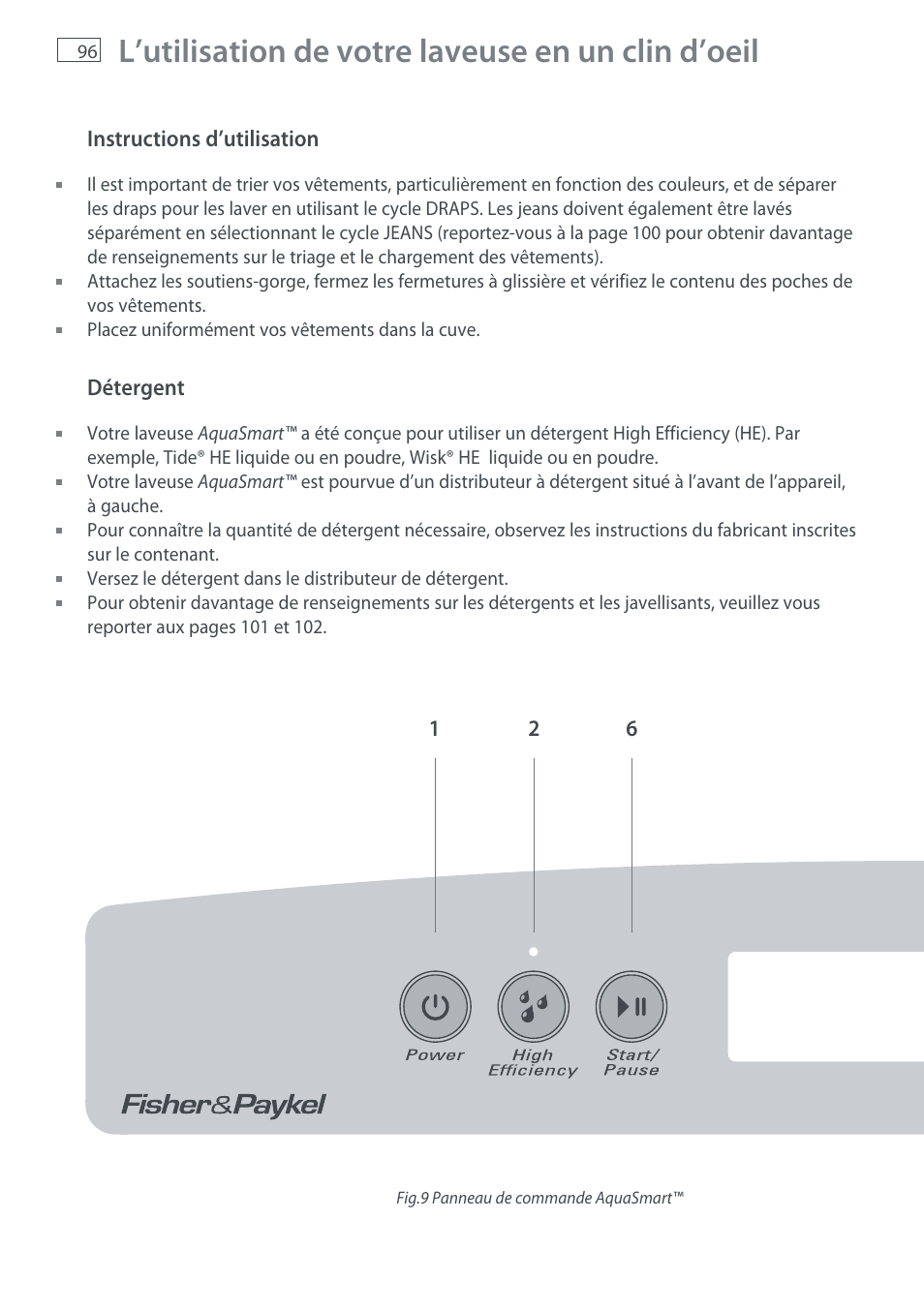 L’utilisation de votre laveuse en un clin d’oeil | Fisher & Paykel AquaSmart WL37T26C User Manual | Page 98 / 124