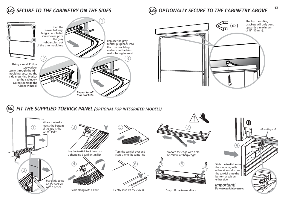 Fit the supplied toekick panel, Secure to the cabinetry on the sides, Optionally secure to the cabinetry above | Fisher & Paykel DD24DCX7 User Manual | Page 13 / 21