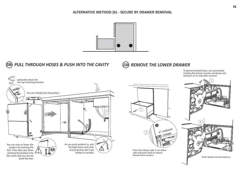 Remove the lower drawer, Pull through hoses & push into the cavity | Fisher & Paykel DD24DCX7 User Manual | Page 15 / 21