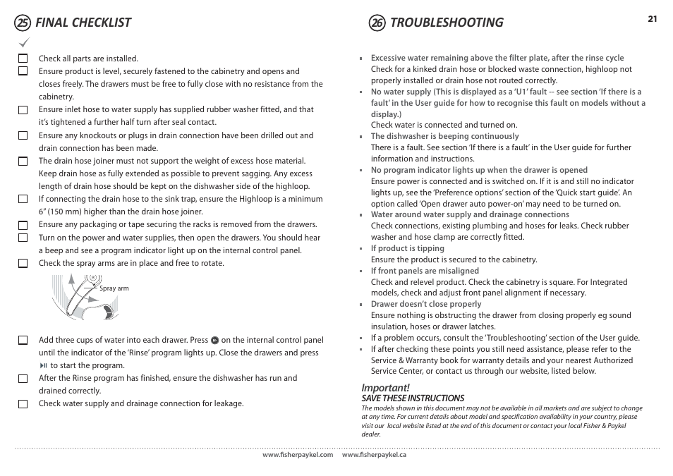 Final checklist troubleshooting | Fisher & Paykel DD24DCX7 User Manual | Page 21 / 21