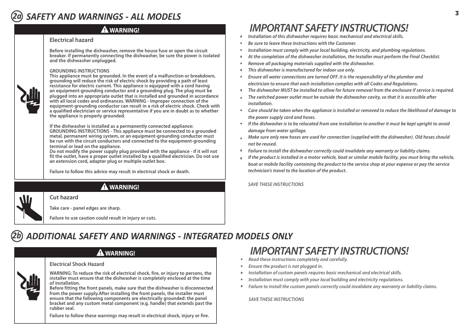 Important safety instructions, 2a 2b | Fisher & Paykel DD24DCX7 User Manual | Page 3 / 21