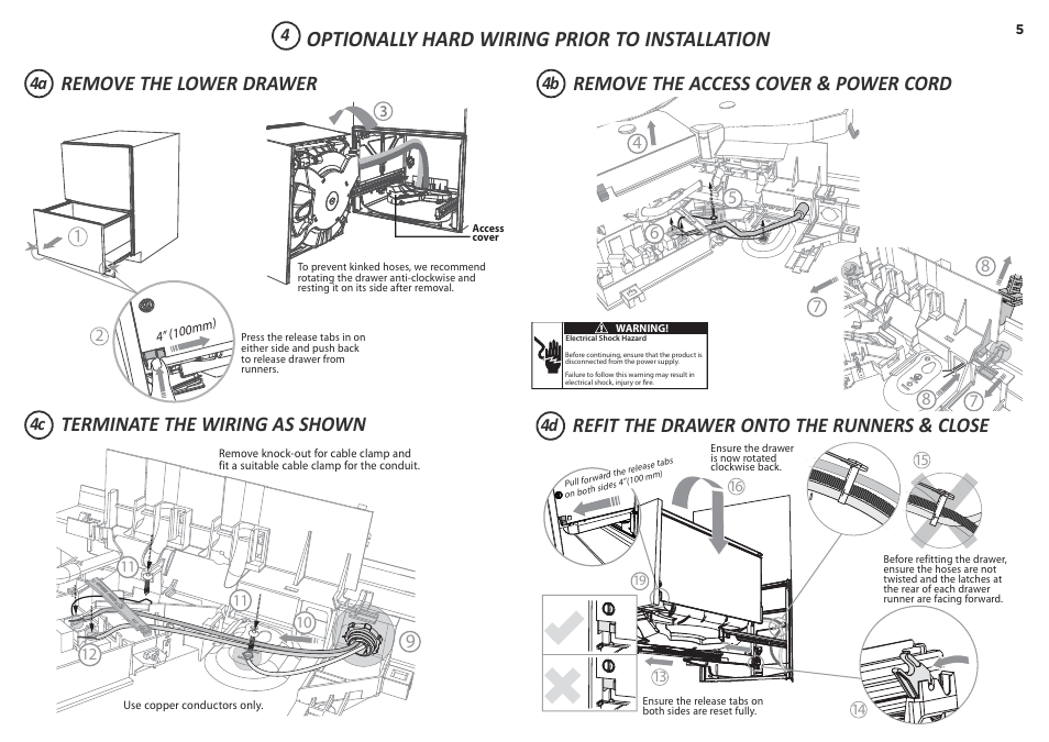 Optionally hard wiring prior to installation, Refit the drawer onto the runners & close | Fisher & Paykel DD24DCX7 User Manual | Page 5 / 21