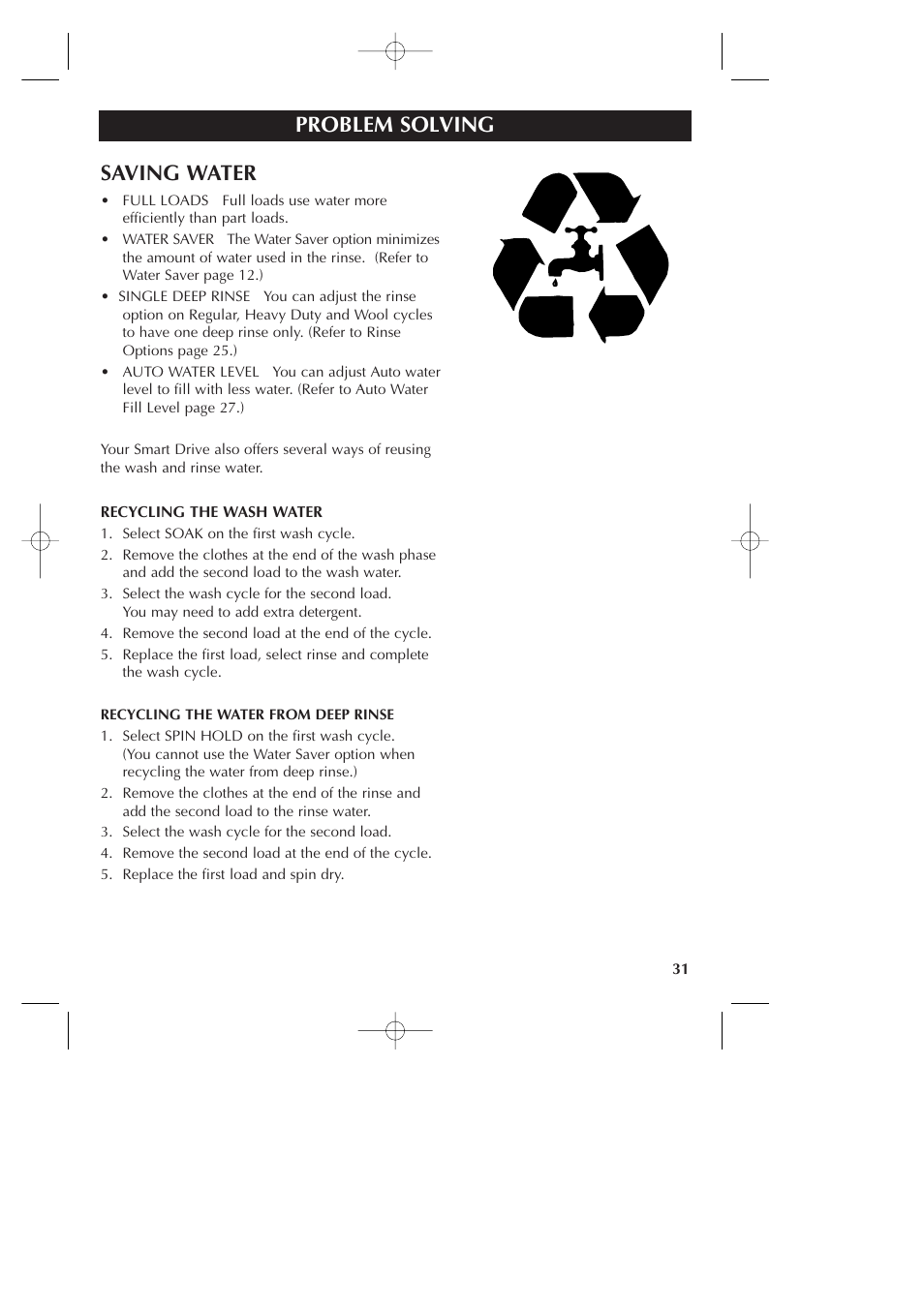 Problem solving saving water, Problem solving | Fisher & Paykel Smart Drive GWLO8 User Manual | Page 33 / 40