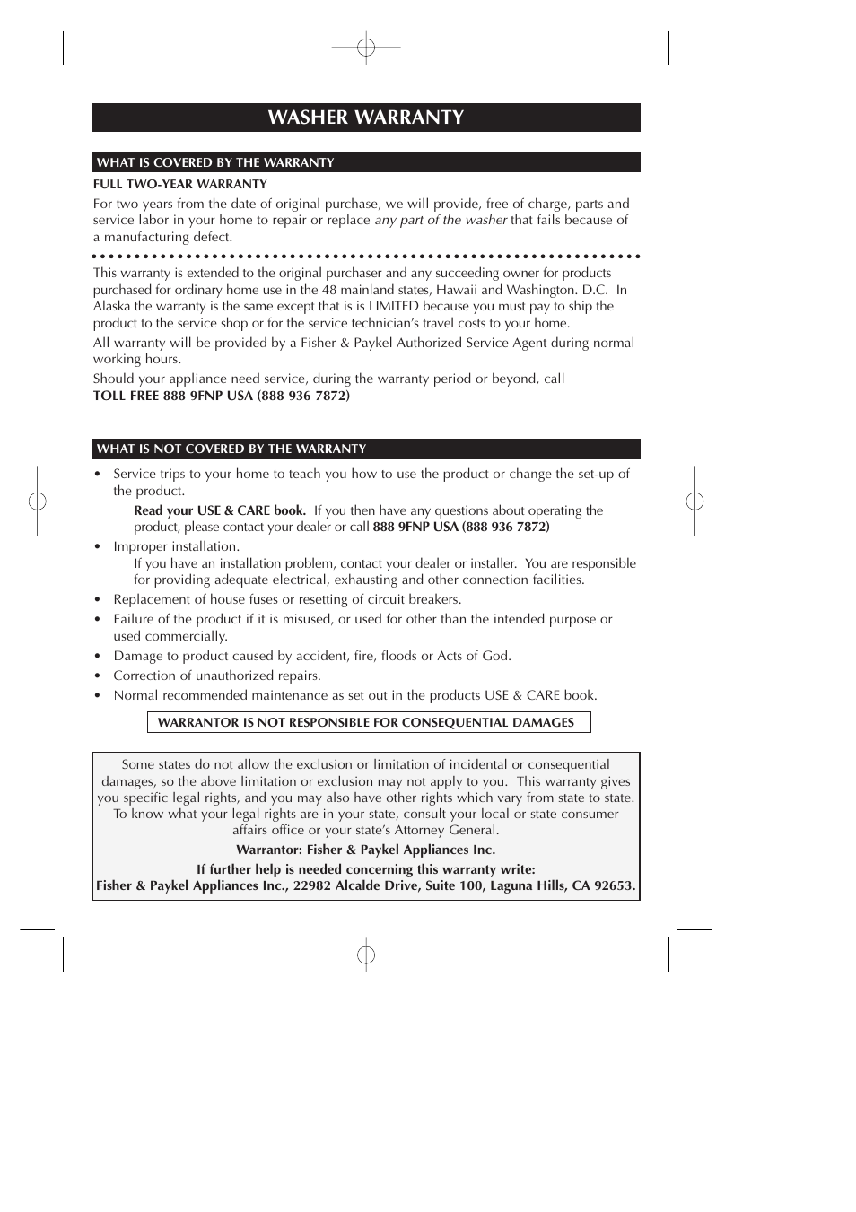 Washer warranty | Fisher & Paykel Smart Drive GWLO8 User Manual | Page 38 / 40