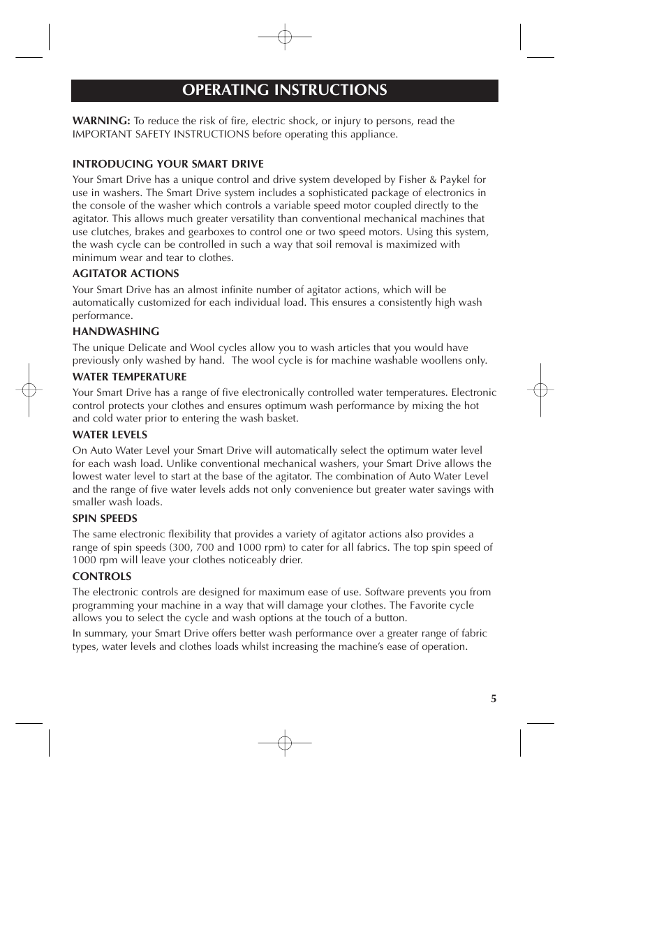 Operating instructions | Fisher & Paykel Smart Drive GWLO8 User Manual | Page 7 / 40