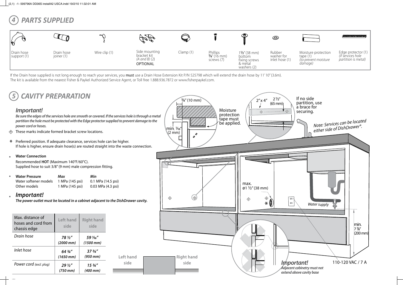 Parts supplied, Cavity preparation, Important | Fisher & Paykel DD36S User Manual | Page 3 / 8