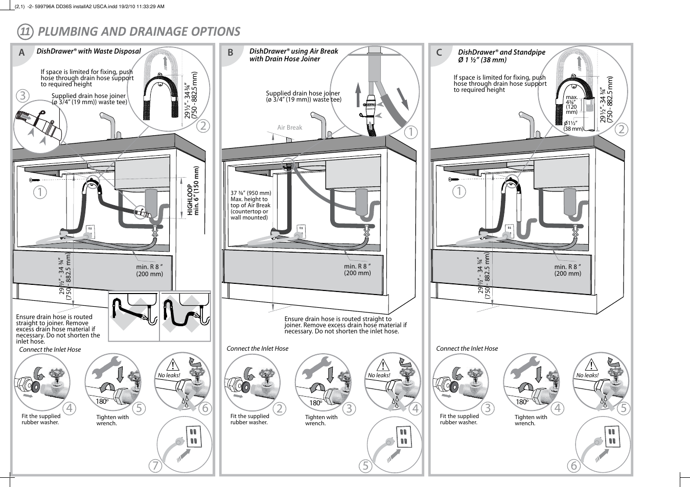 Plumbing and drainage options | Fisher & Paykel DD36S User Manual | Page 7 / 8