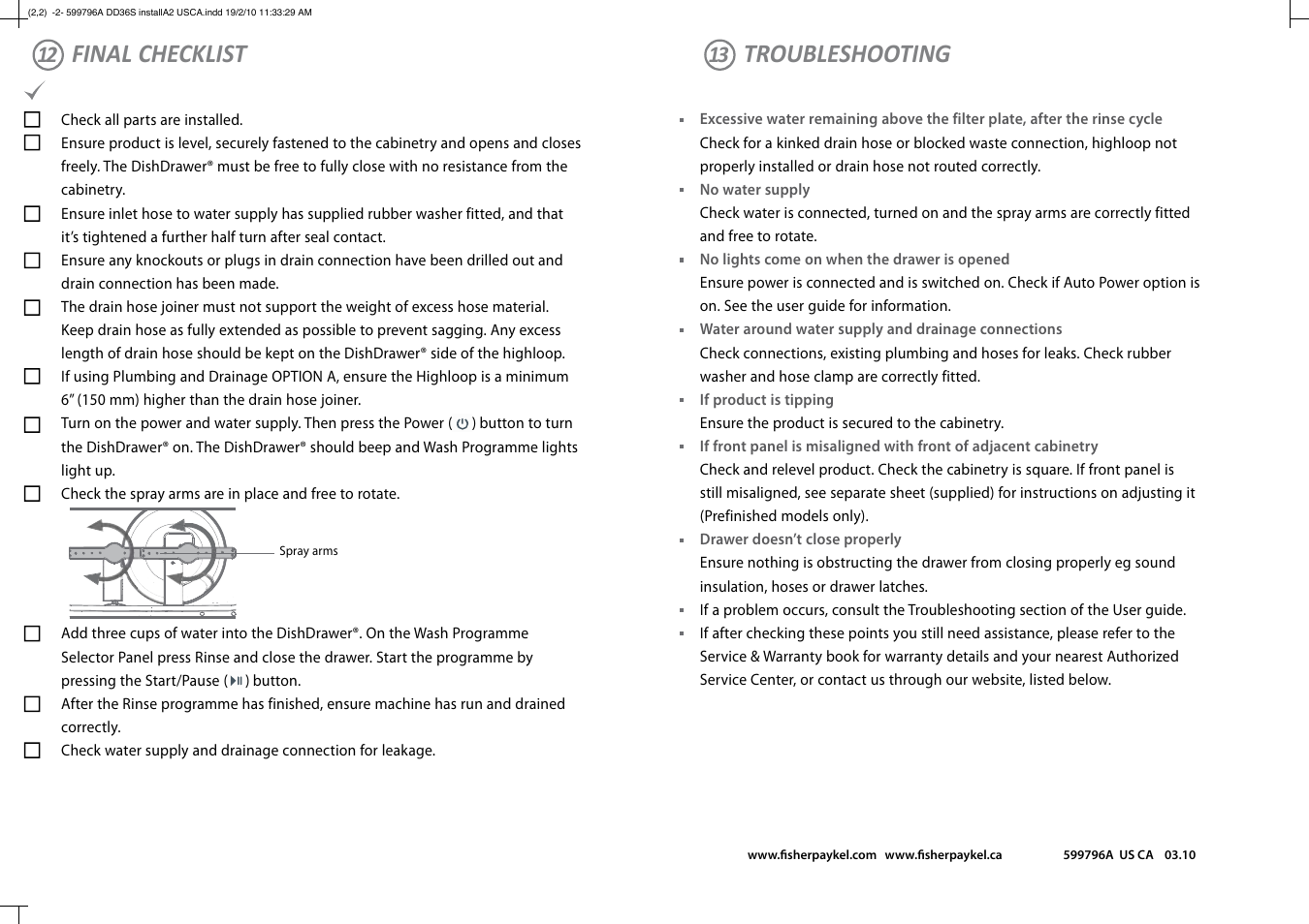 Final checklist troubleshooting | Fisher & Paykel DD36S User Manual | Page 8 / 8
