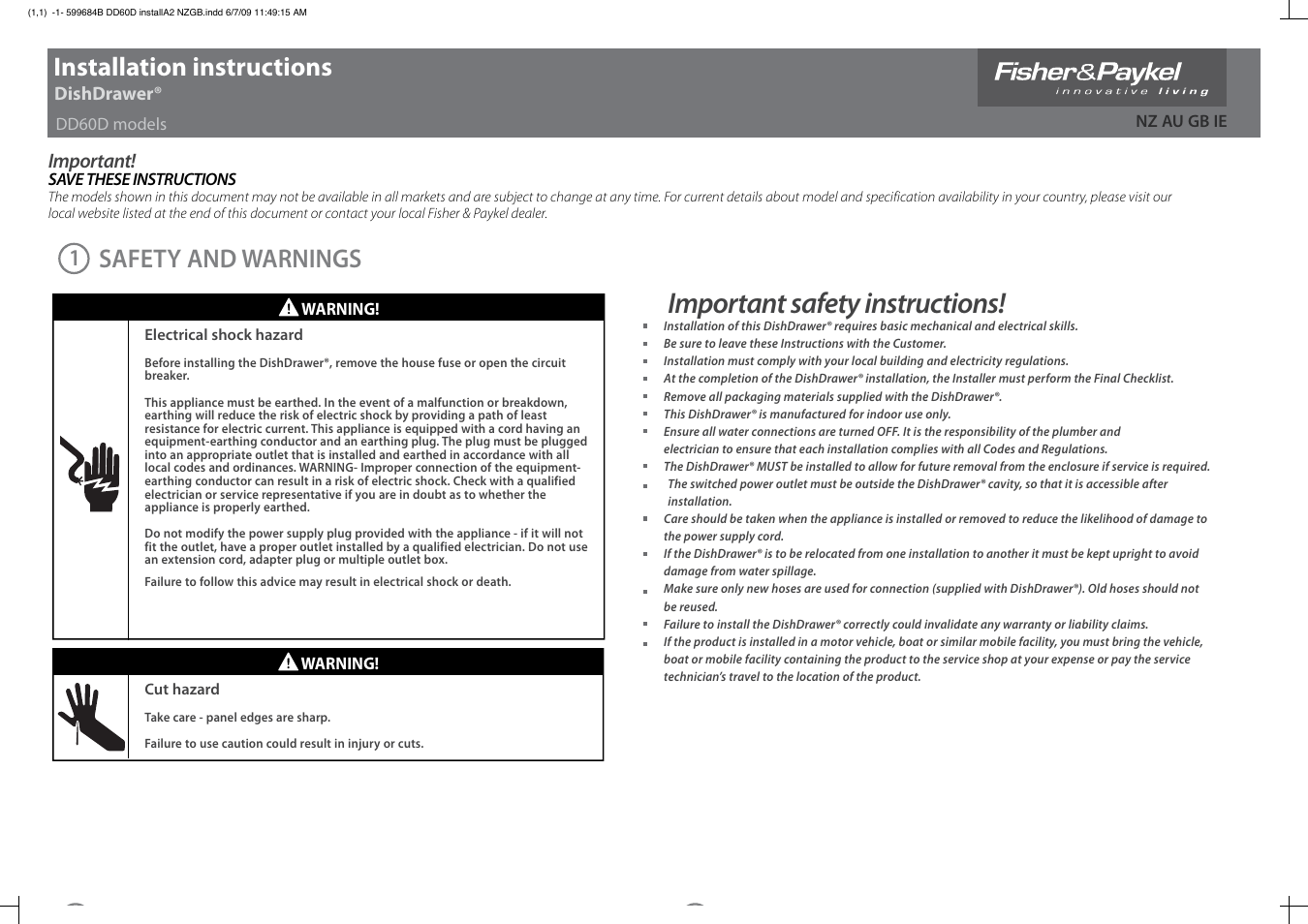 Fisher & Paykel DD60D User Manual | 8 pages