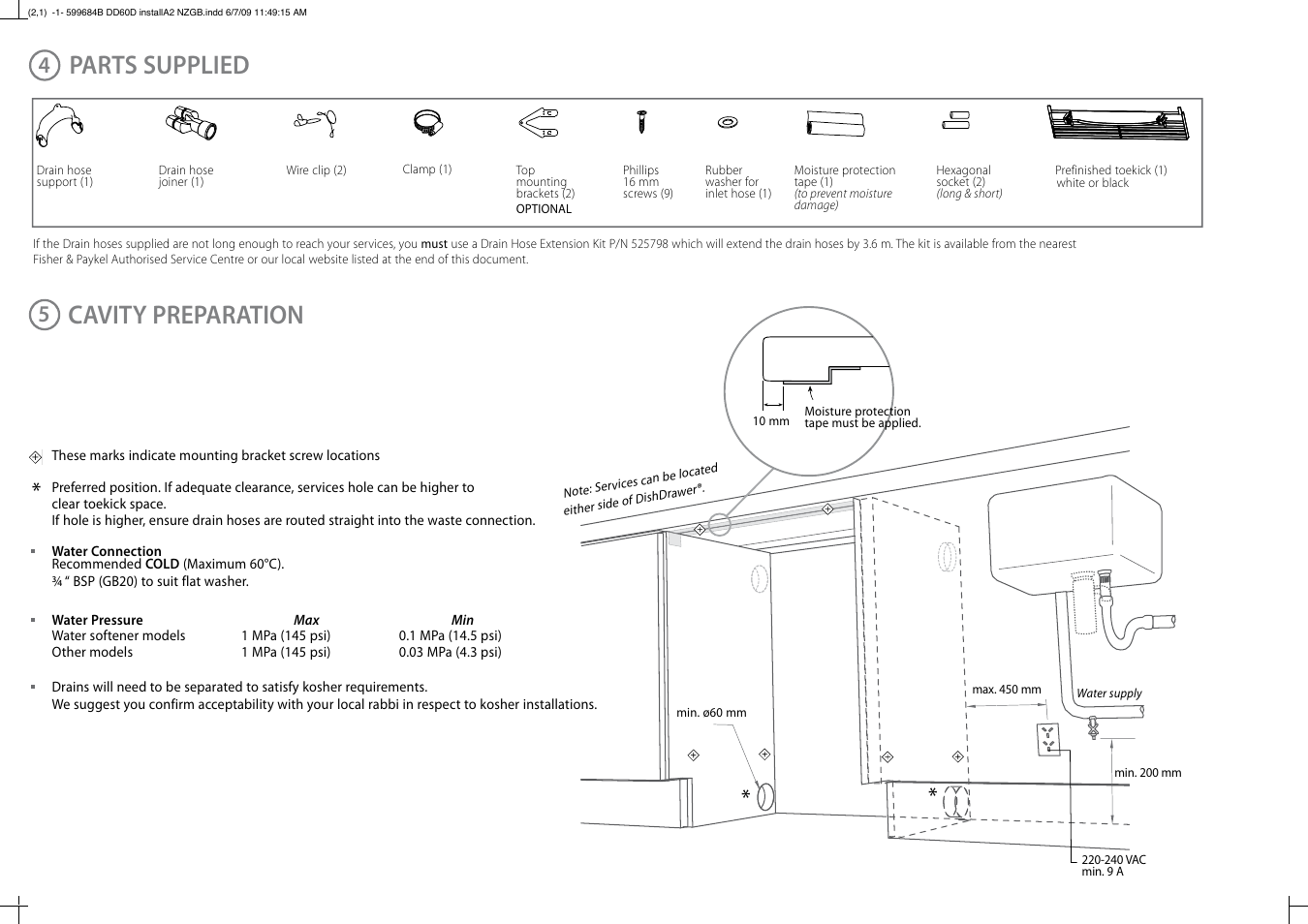 Parts supplied, Cavity preparation | Fisher & Paykel DD60D User Manual | Page 3 / 8