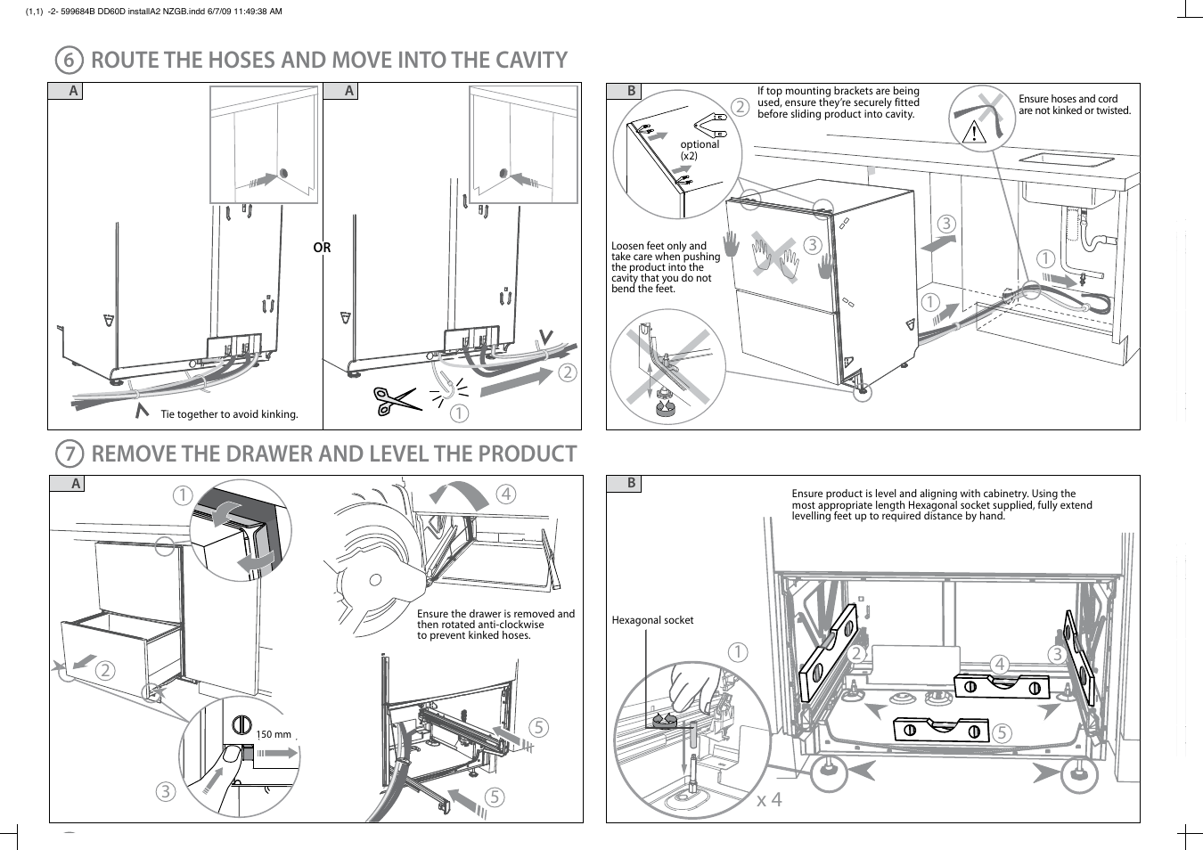 Route the hoses and move into the cavity, Remove the drawer and level the product | Fisher & Paykel DD60D User Manual | Page 5 / 8