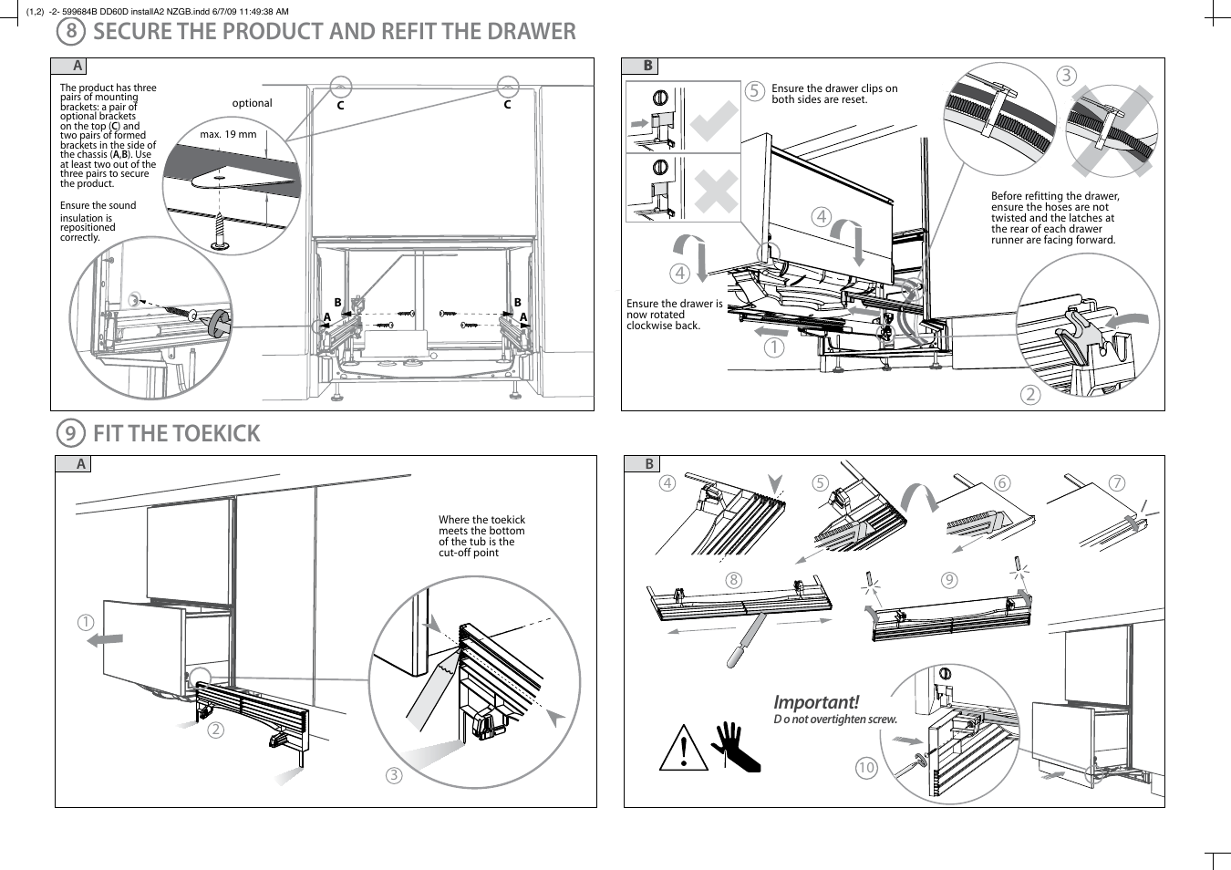 Secure the product and refit the drawer, Fit the toekick, Important | Fisher & Paykel DD60D User Manual | Page 6 / 8