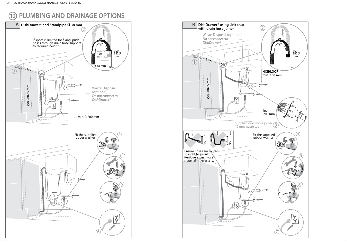 Plumbing and drainage options | Fisher & Paykel DD60D User Manual | Page 7 / 8