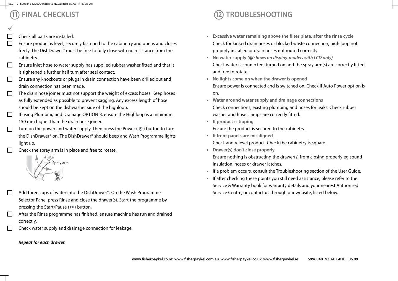 Final checklist, Troubleshooting | Fisher & Paykel DD60D User Manual | Page 8 / 8