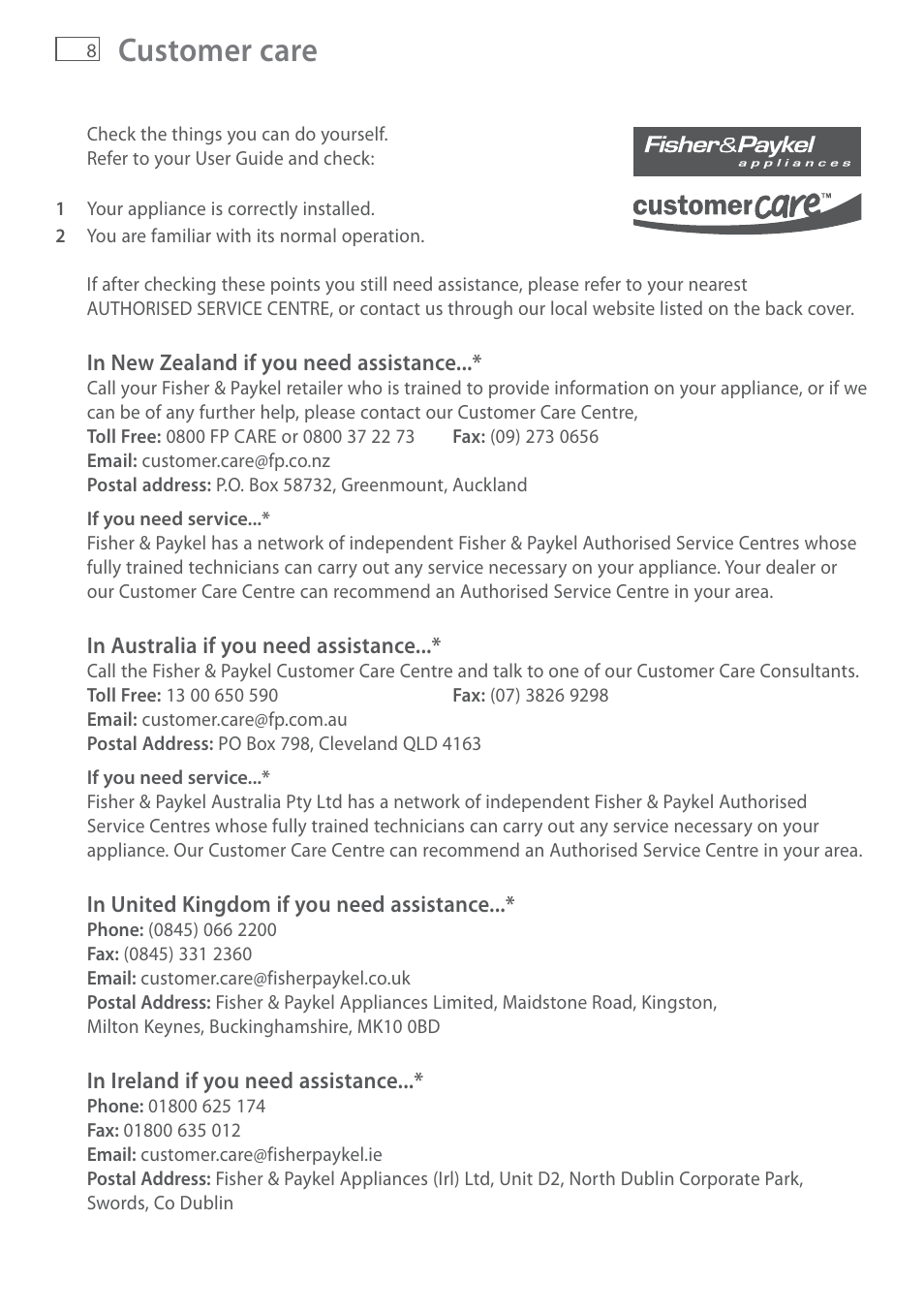 Customer care | Fisher & Paykel HC90DXB1 User Manual | Page 10 / 12