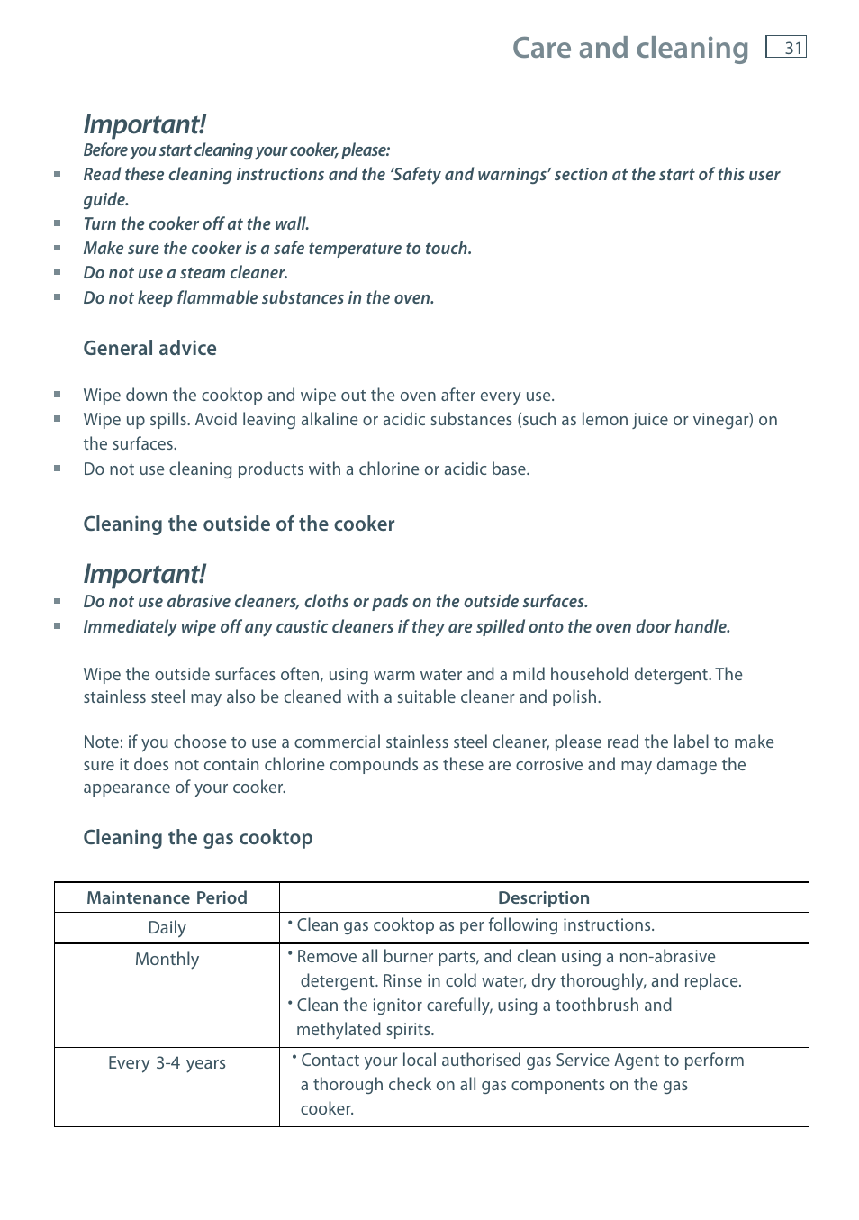 Care and cleaning, Important | Fisher & Paykel OR90 User Manual | Page 33 / 44