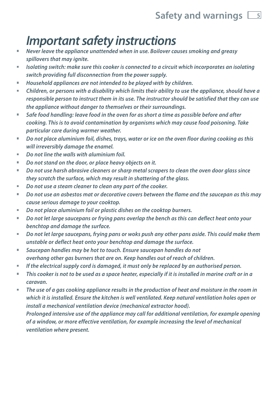 Important safety instructions, Safety and warnings | Fisher & Paykel OR90 User Manual | Page 7 / 44