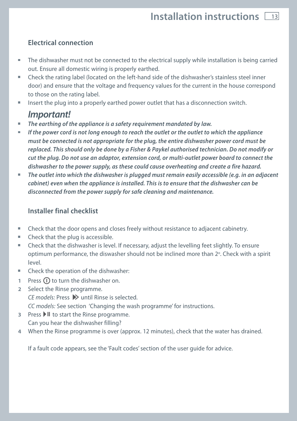 Installation instructions, Important | Fisher & Paykel DW60CE User Manual | Page 15 / 48