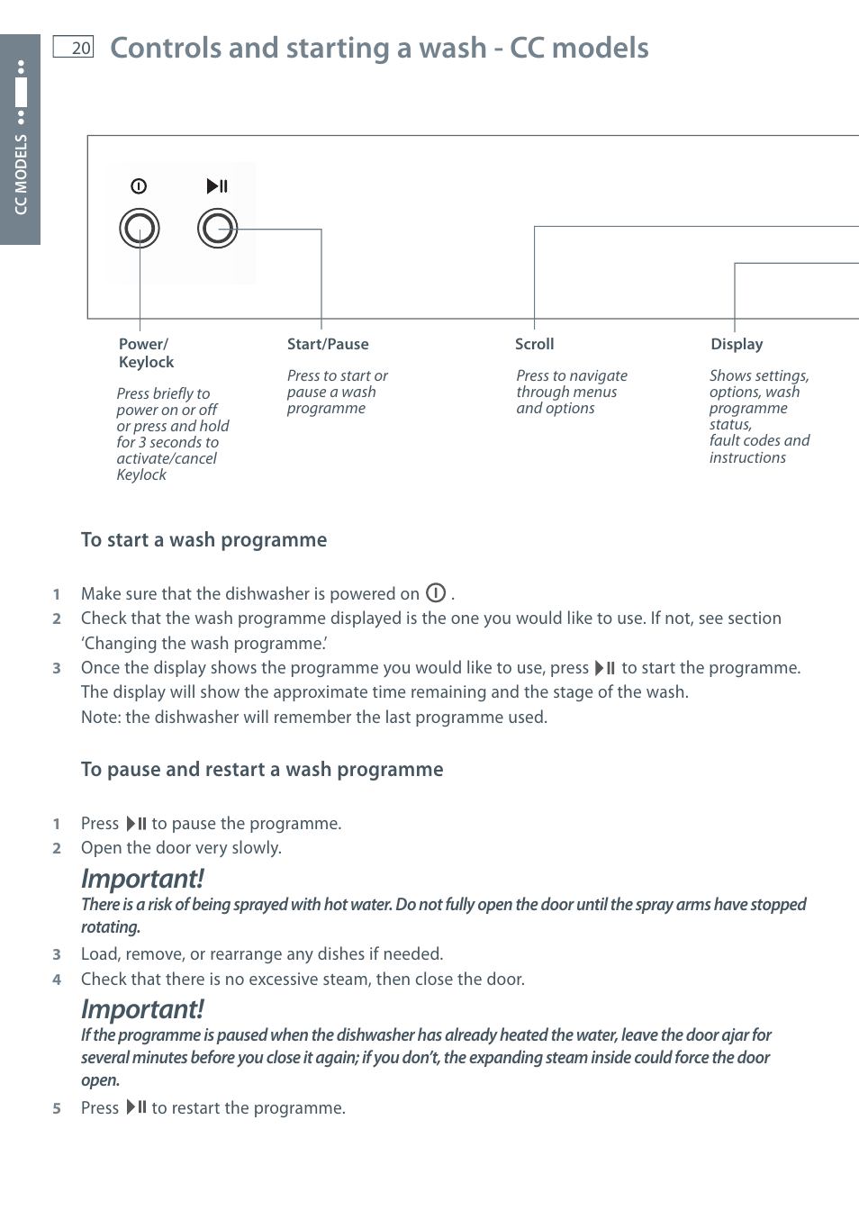 Controls and starting a wash - cc models, Important | Fisher & Paykel DW60CE User Manual | Page 22 / 48