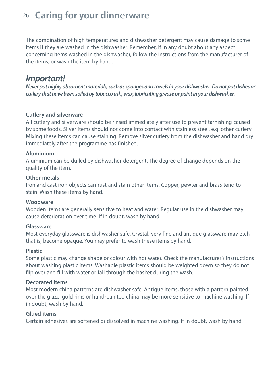Caring for your dinnerware, Important | Fisher & Paykel DW60CE User Manual | Page 28 / 48