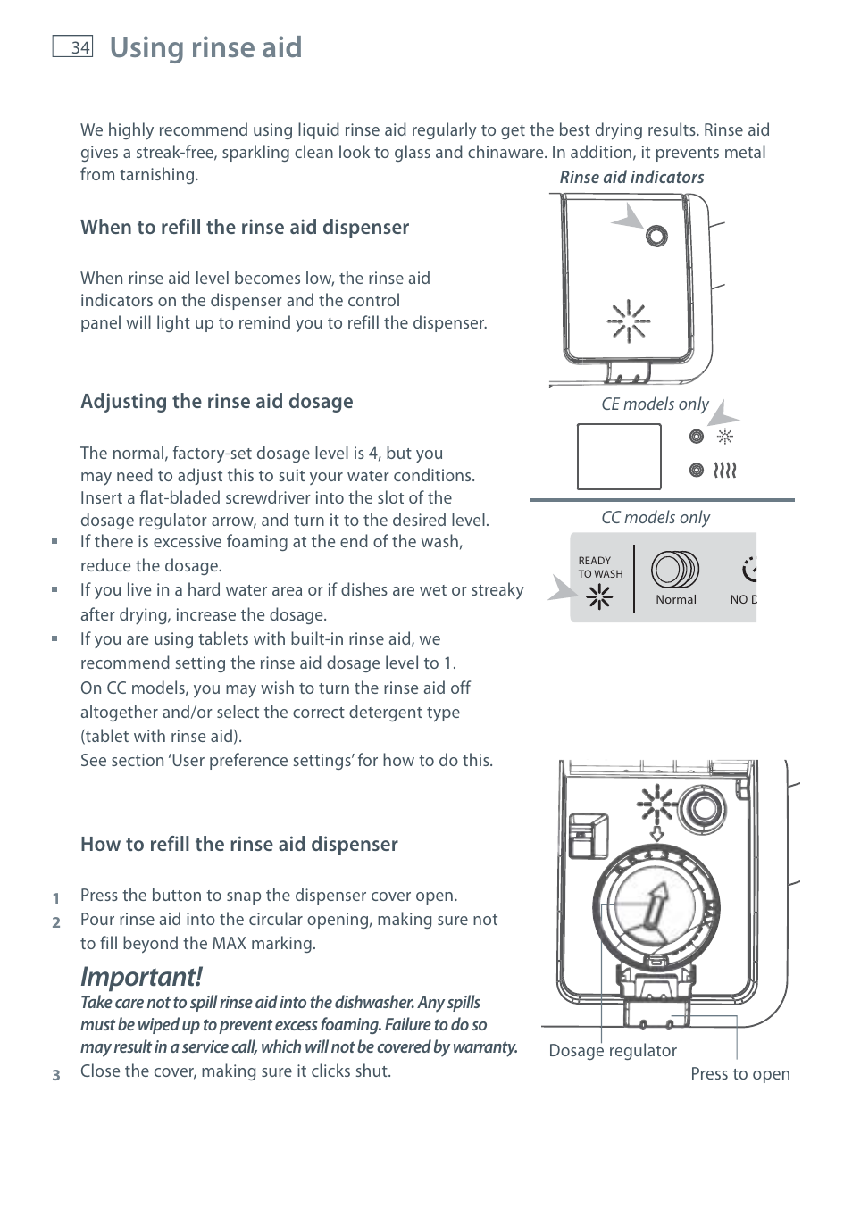 Using rinse aid, Important | Fisher & Paykel DW60CE User Manual | Page 36 / 48