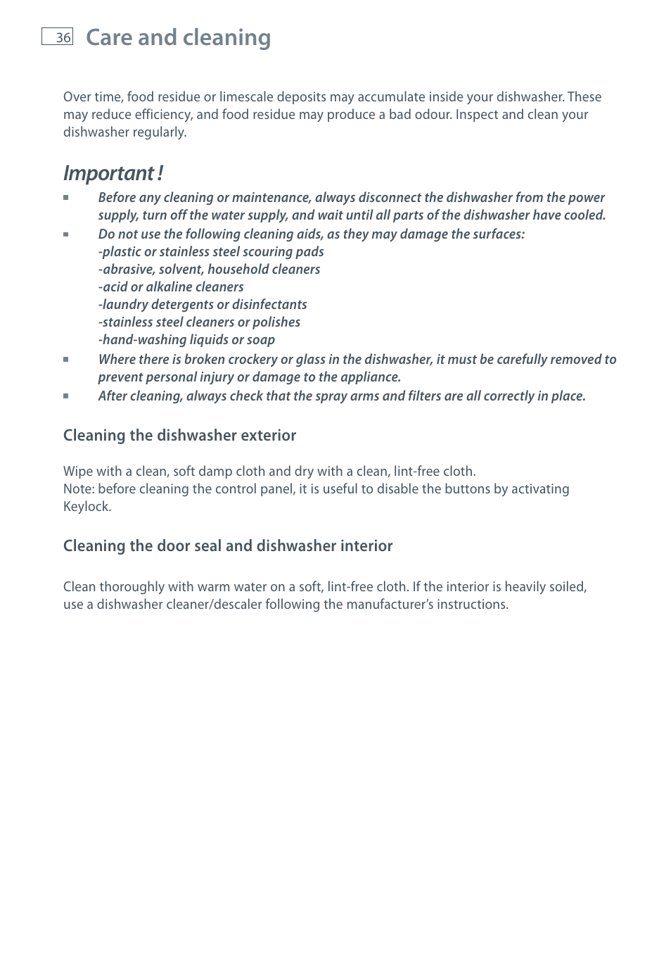 Care and cleaning, Important | Fisher & Paykel DW60CE User Manual | Page 38 / 48