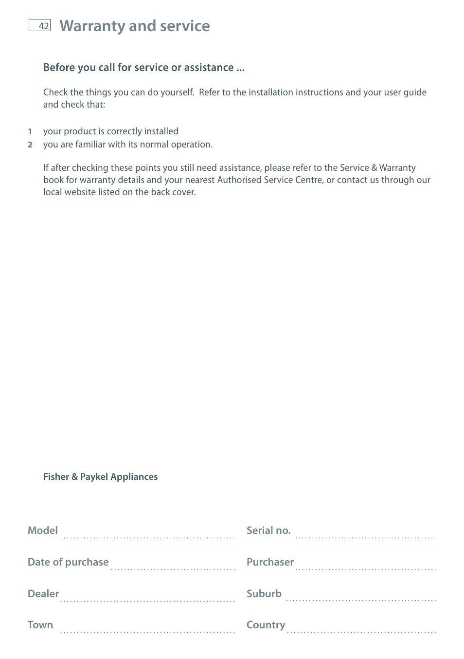 Warranty and service | Fisher & Paykel DW60CE User Manual | Page 44 / 48