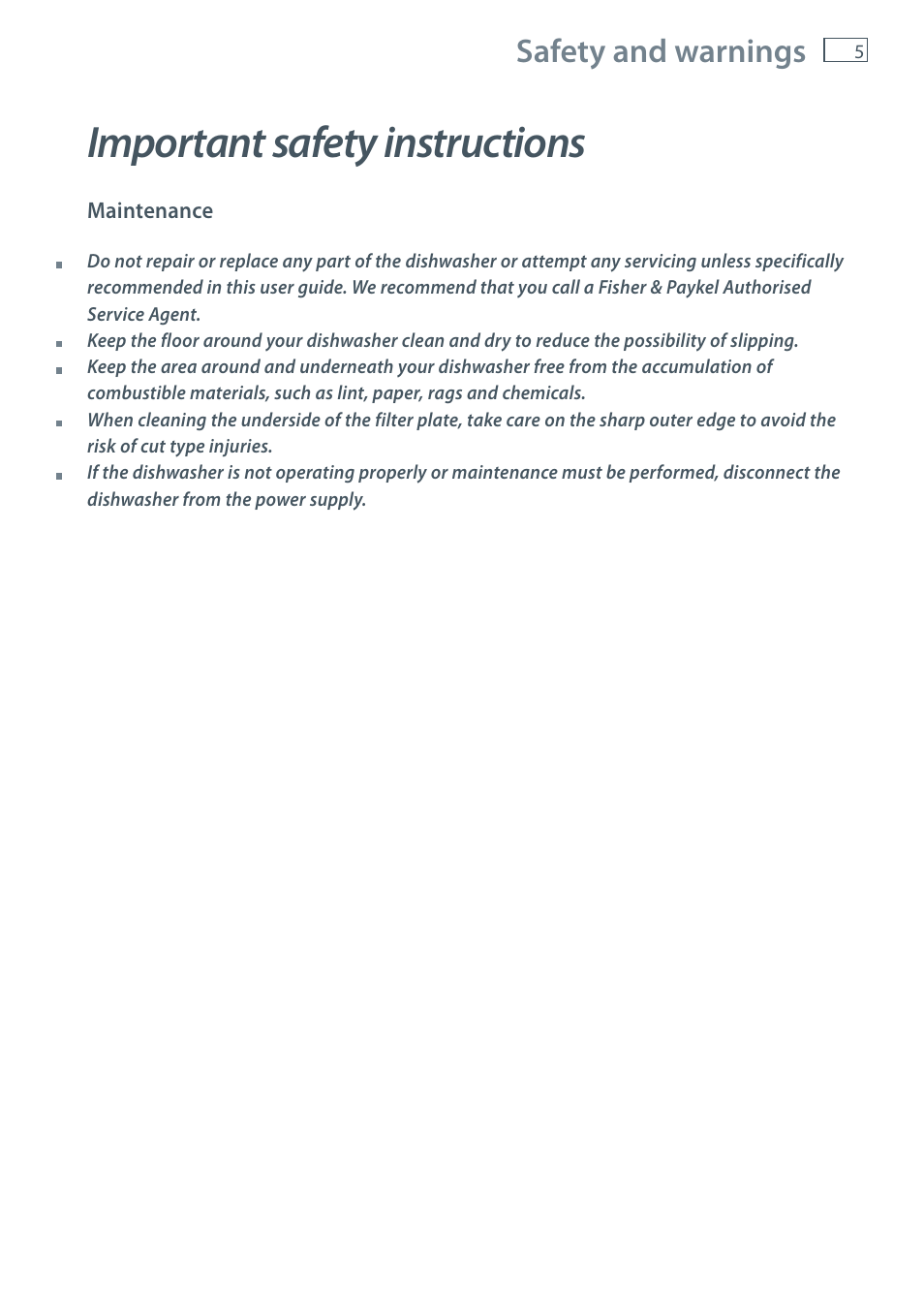 Important safety instructions, Safety and warnings | Fisher & Paykel DW60CE User Manual | Page 7 / 48