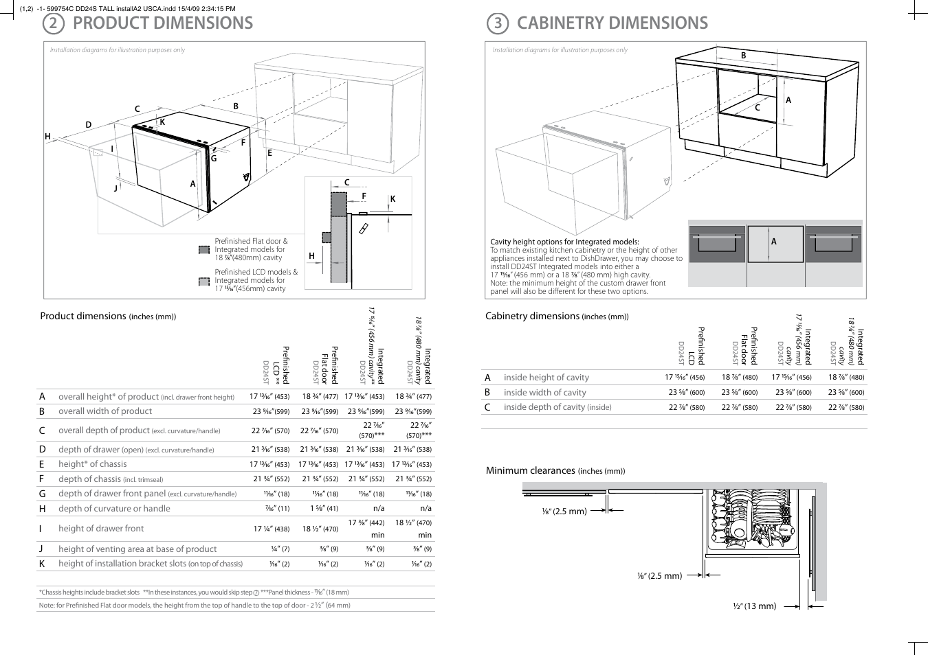 Product dimensions cabinetry dimensions | Fisher & Paykel DD24ST User Manual | Page 2 / 9
