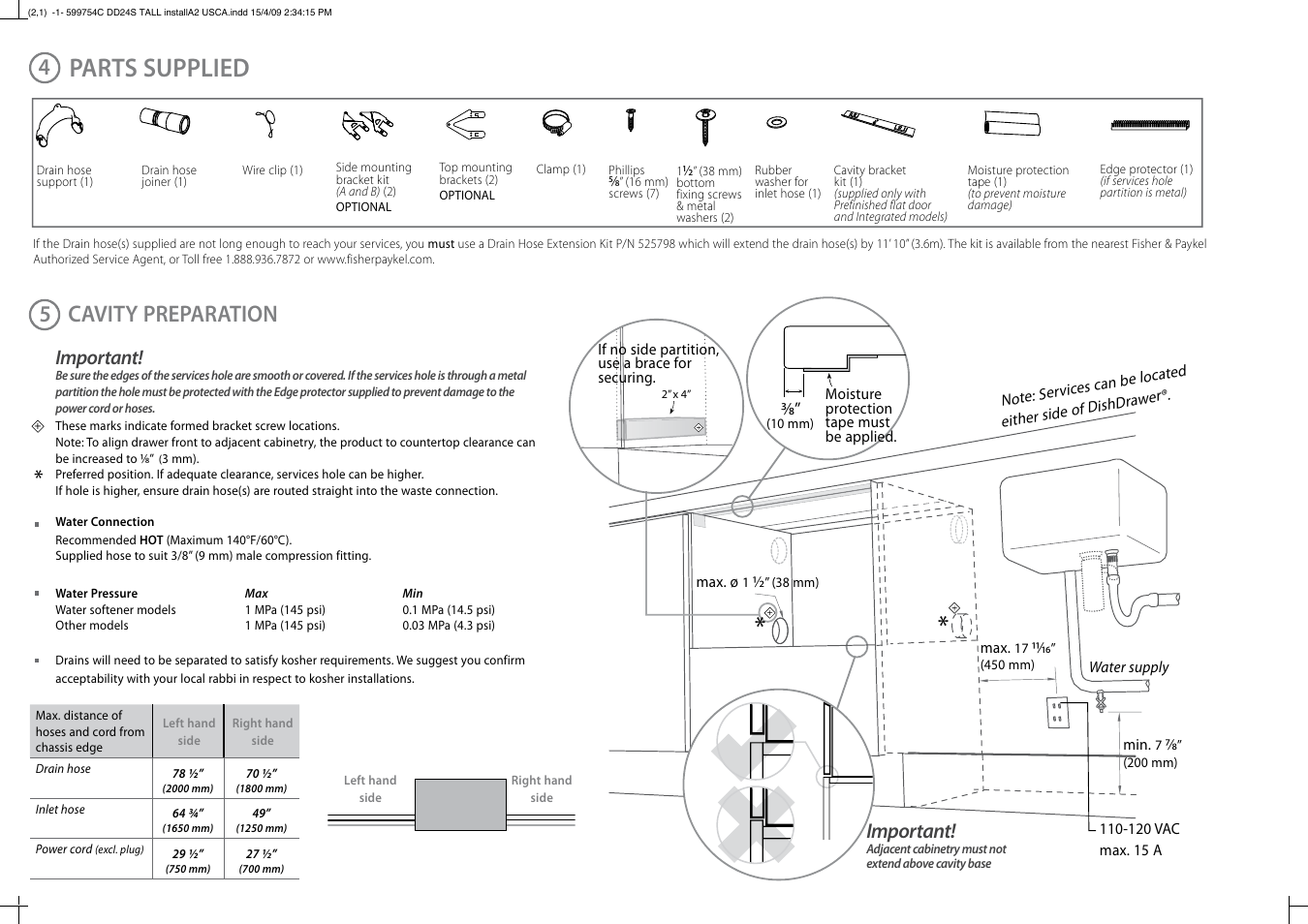 Parts supplied, Cavity preparation, Important | Fisher & Paykel DD24ST User Manual | Page 3 / 9