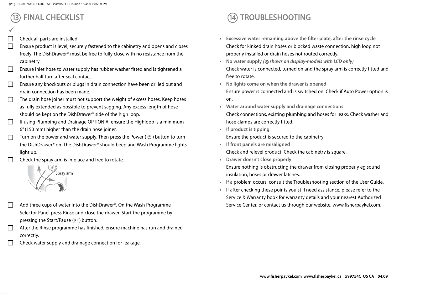 Final checklist troubleshooting | Fisher & Paykel DD24ST User Manual | Page 9 / 9