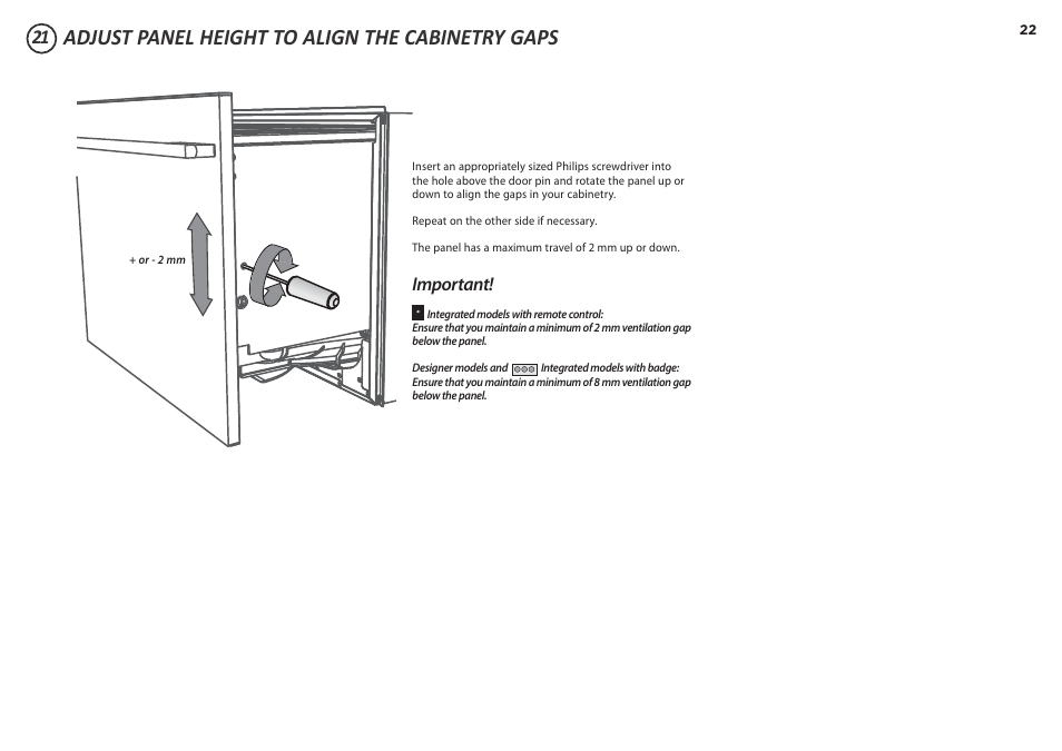 Adjust panel height to align the cabinetry gaps, Important | Fisher & Paykel DD90SDF(H)TX2 User Manual | Page 22 / 24