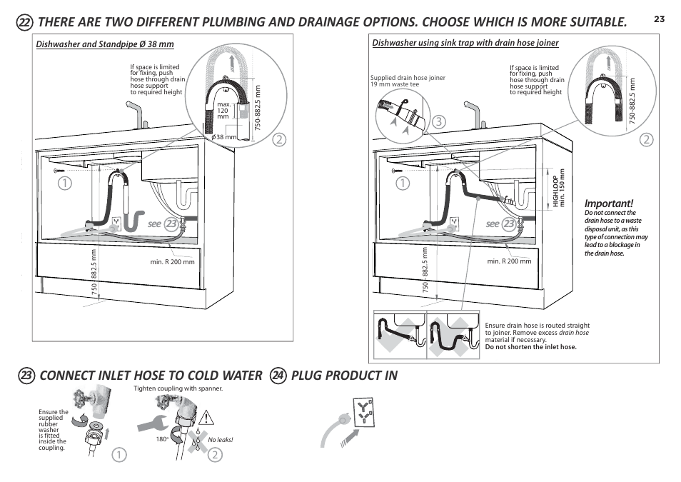 Connect inlet hose to cold water plug product in | Fisher & Paykel DD90SDF(H)TX2 User Manual | Page 23 / 24