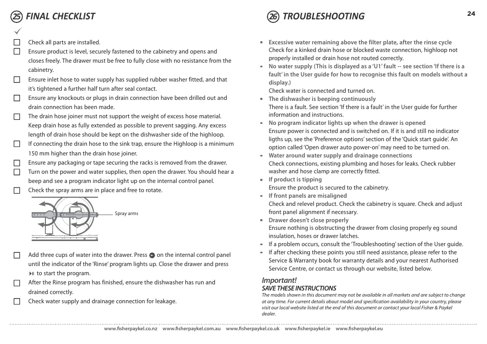 Final checklist troubleshooting | Fisher & Paykel DD90SDF(H)TX2 User Manual | Page 24 / 24