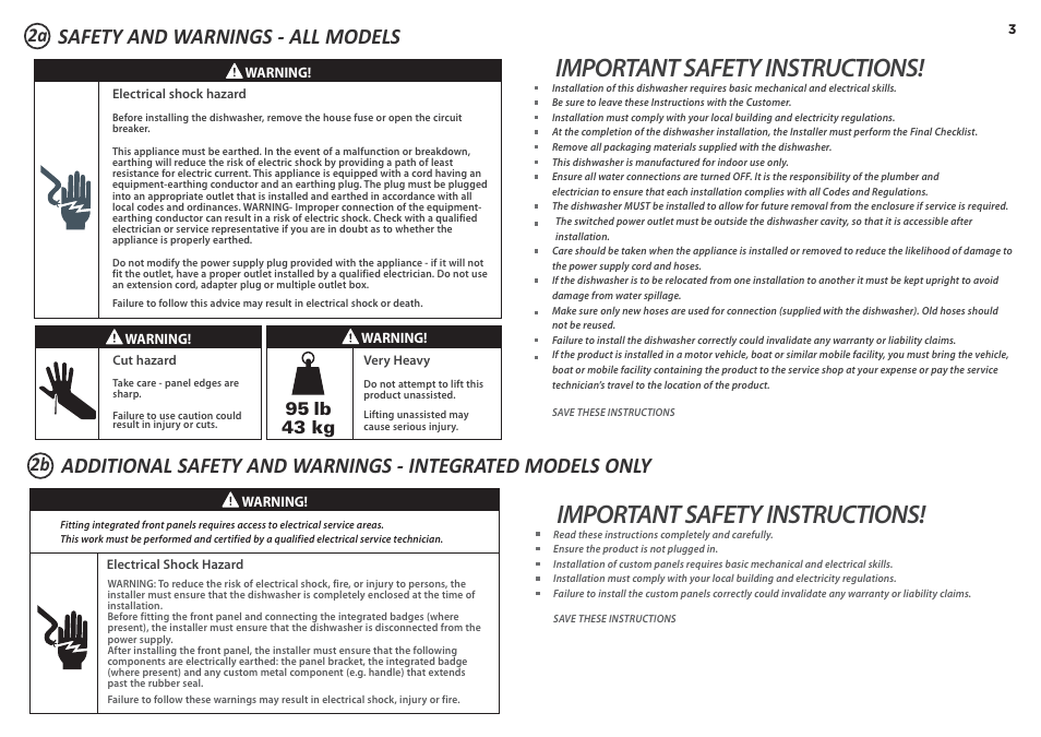 Important safety instructions, Safety and warnings - all models, 95 lb 43 kg | Fisher & Paykel DD90SDF(H)TX2 User Manual | Page 3 / 24