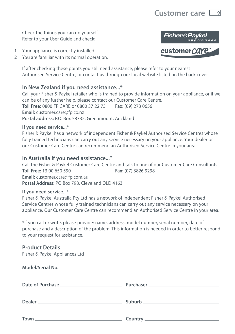 Customer care | Fisher & Paykel HS60CSRX1 User Manual | Page 11 / 12