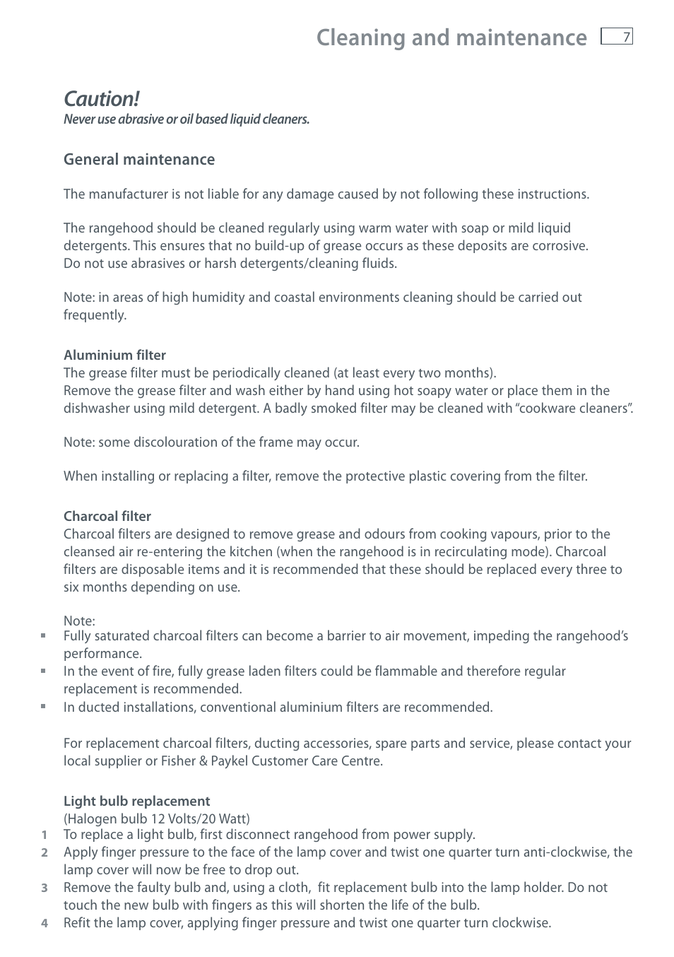Cleaning and maintenance, Caution | Fisher & Paykel HS60CSRX1 User Manual | Page 9 / 12