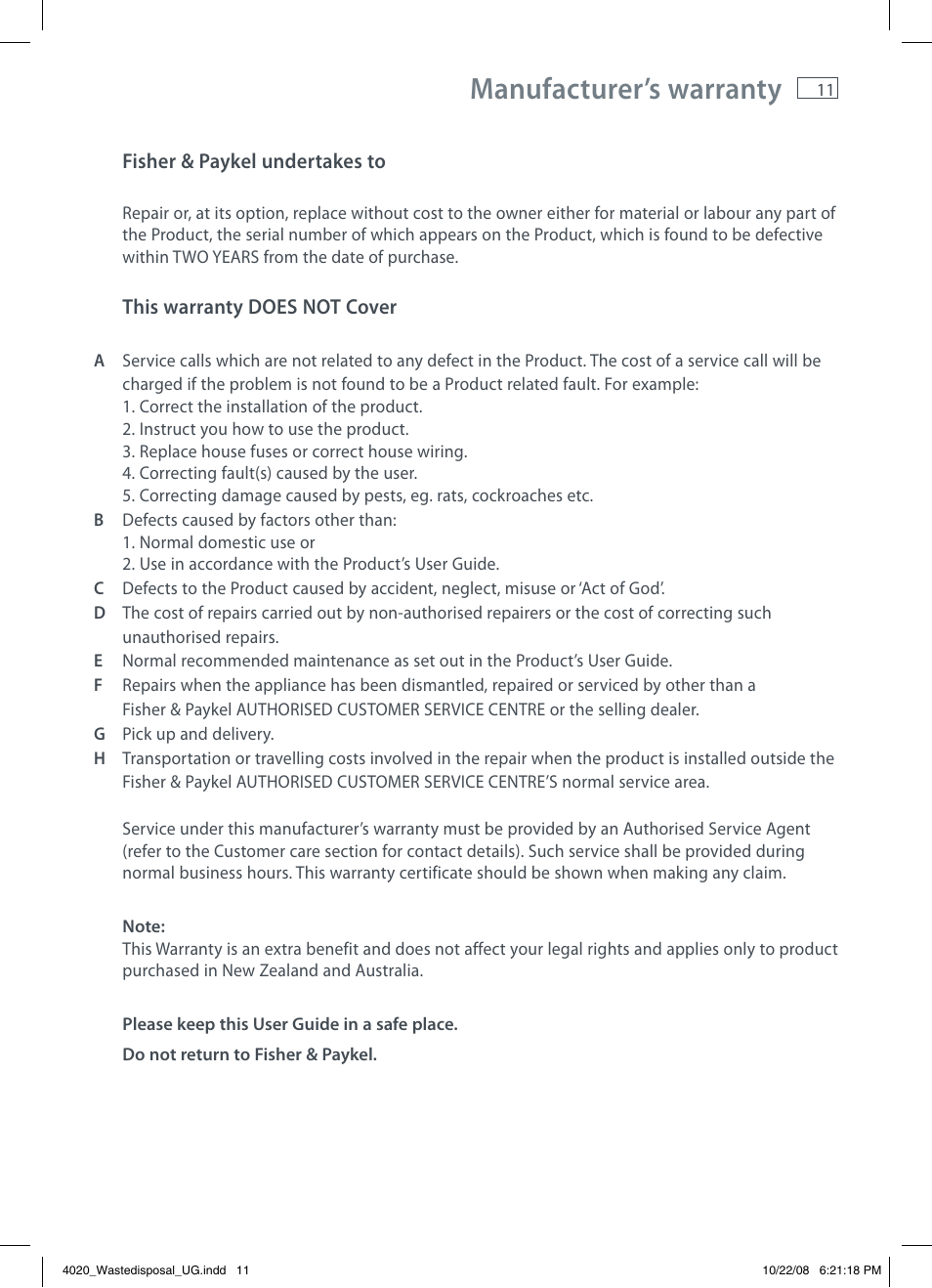 Manufacturer’s warranty | Fisher & Paykel GD75IA1 User Manual | Page 13 / 16